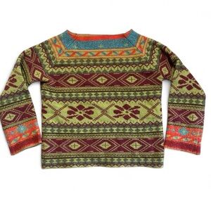 Patterned Fair Isle Knit Sweater in Green and Burgundy